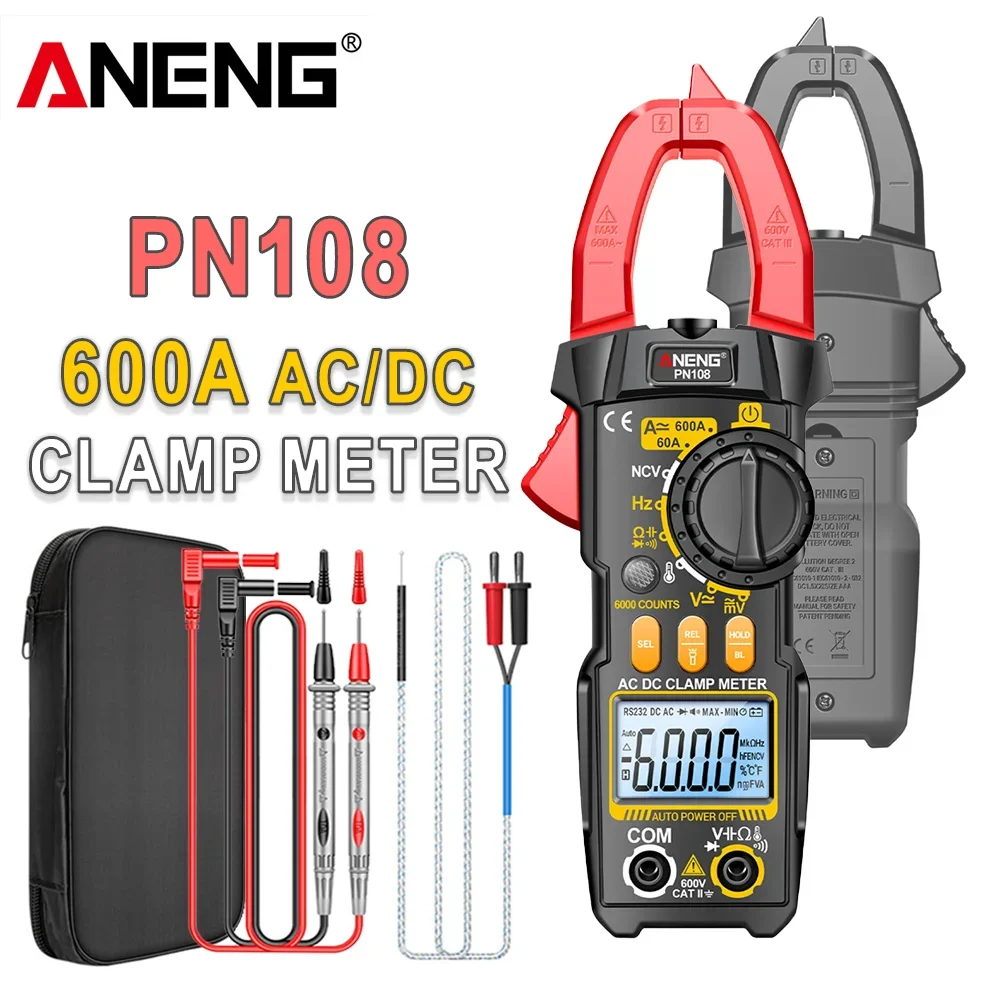 

Клещи-тестер-мультиметр ANENG PN108, 6000 измерений, тестер напряжения AC/DC, 600А, измерение тока, сопротивления, емкости, высокоточный измерительный прибор