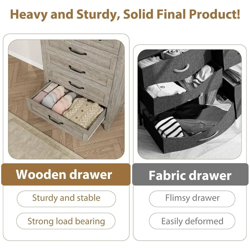 ตู้ลิ้นชักแนวตั้ง DAFIFY สูง 41.3 นิ้ว, ตู้เก็บของไม้ขนาดใหญ่, สีเทาแอช สำหรับห้องนอน, ห้องนั่งเล่น