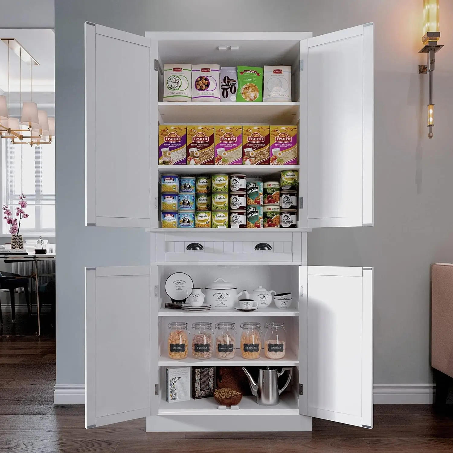 

ARTPOWER Kitchen Pantry Storage Cabinet with Drawer and Adjustable Shelves, Bathroom or Hallway, White