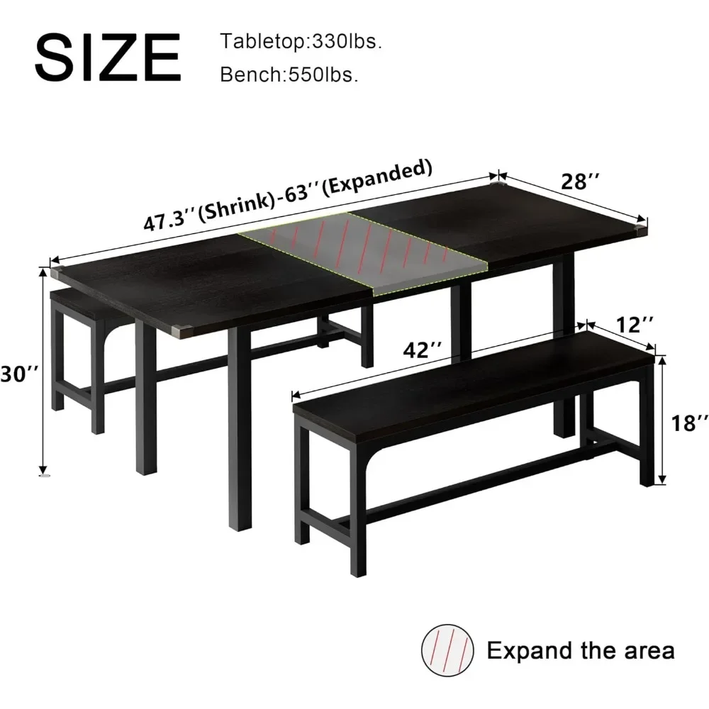 Conjunto de mesa de jantar extensível, mesa com 2 bancos, mesa de cozinha para espaço pequeno, limpeza fácil, 63 ", 3 pcs