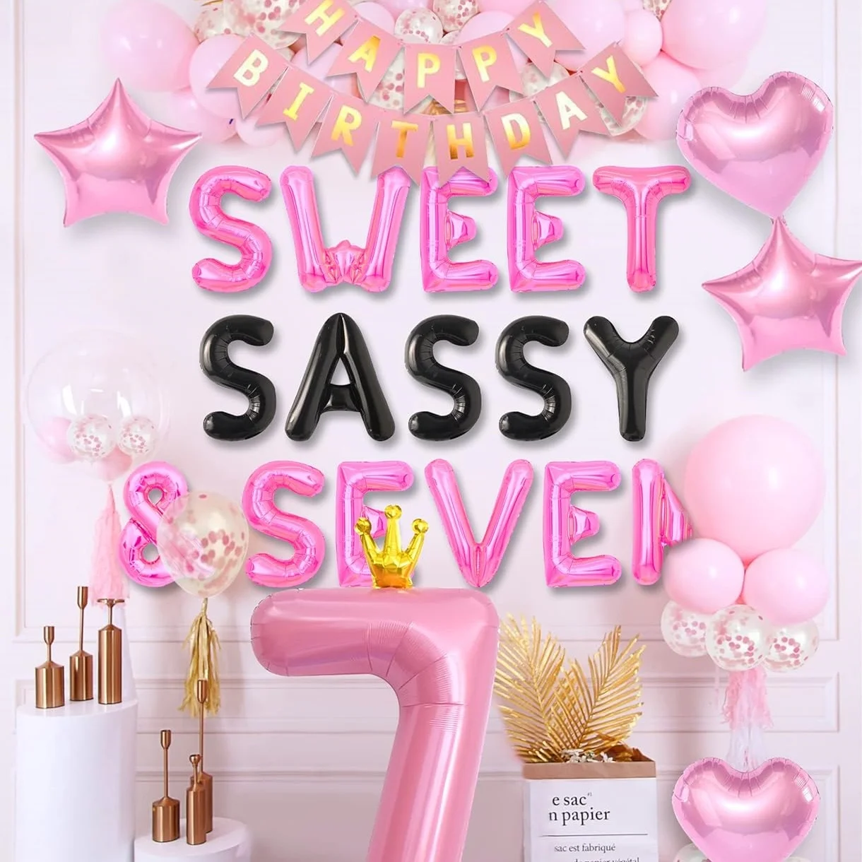 Laventy 27 PCS Sweet Sassy & Seven Birthday Decoration Sweet Seven Birthday Balloons 7 Years Old Birthday Decoration