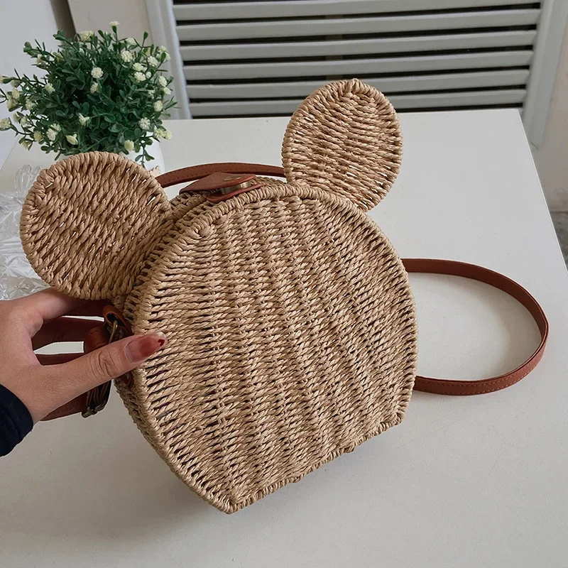 2024New Disney Ladies Designer Straw Fancy Bag Cute Handbag Rattan Travel Leisure Vacation Small Round Beach Mickey Shoulder Bag