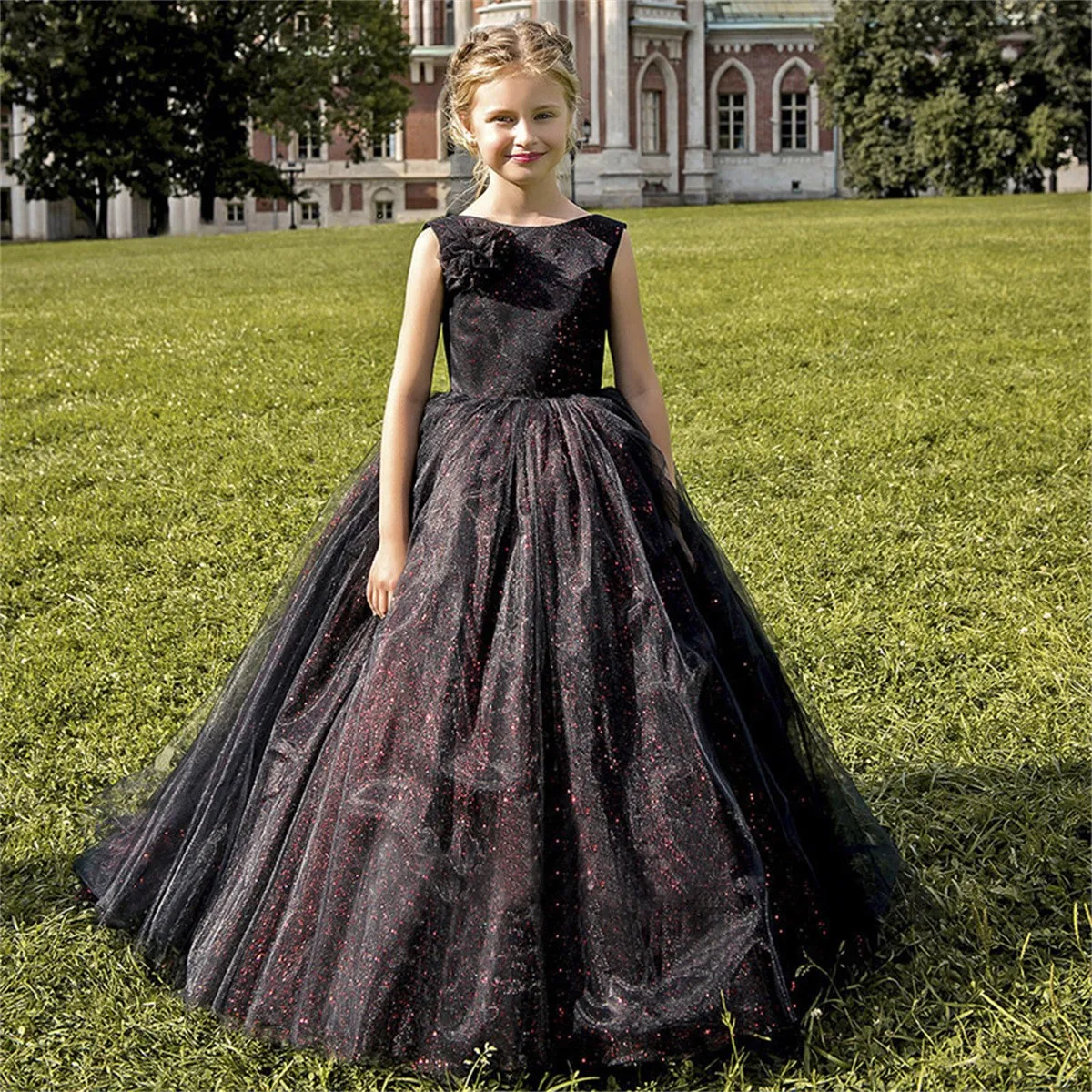 

Black Tail Sleeveless A-line Sequin Flower Girl Dress Wedding Luxury Little Flower Girl's First Communion Celebration Ball Dress