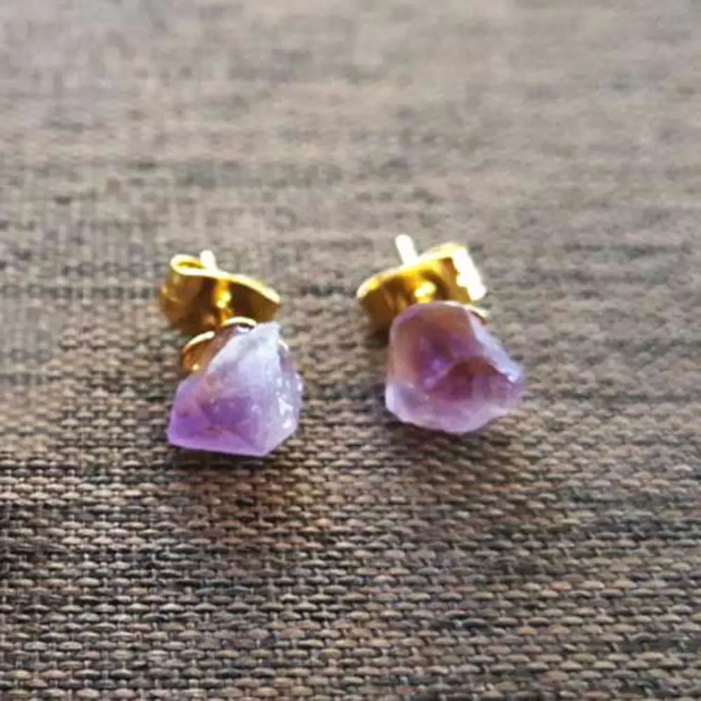 Color Purple Rough Stone Fashion Jewelry Gold Color Crystal Flower Korean Style Ear Studs Women Earrings Amethyst Stud Earrings