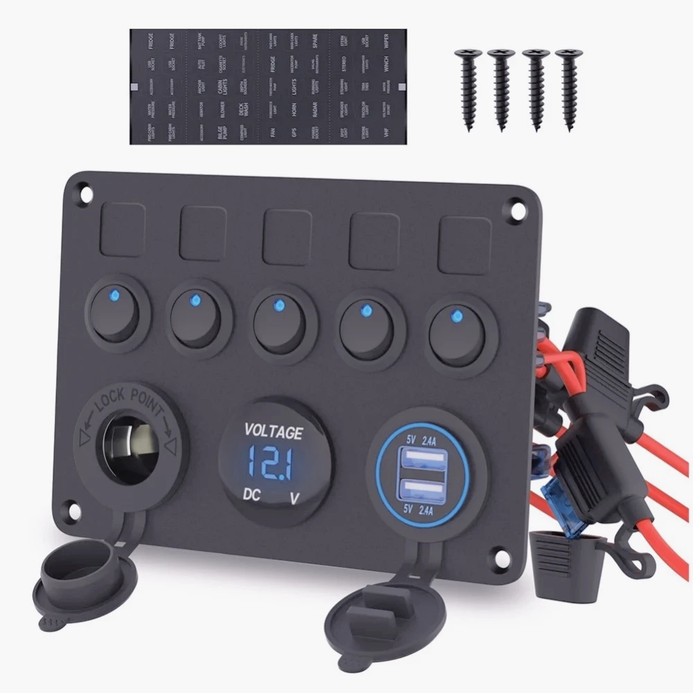 

ZZ-New!Blue LED 5 Gang Boat Switch Panel With 12V Outlet And Dual USB Port Waterproof For Auto And Boat