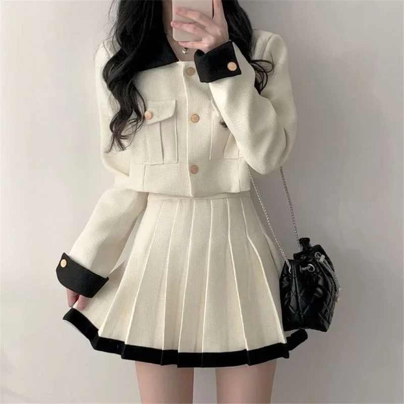 Color Contrast Patchwork Lapel Short Jacket High Waisted Pleated Skirts 2 Piece Sets Womens Outfits Vintage Black Autumn Top