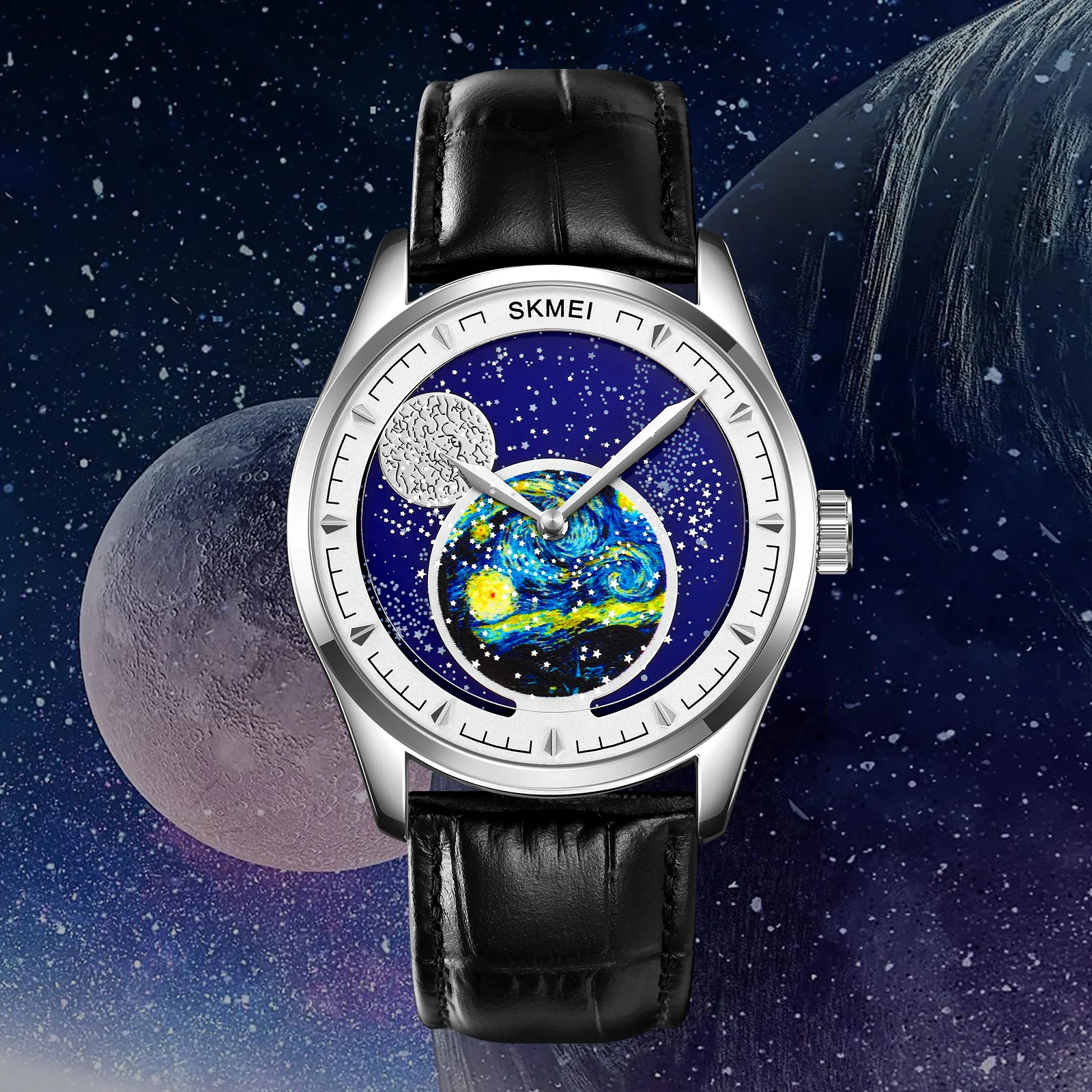 SKMEI Fashion Starry Sky Moon Phase orologi al quarzo da uomo Casual cinturino in vera pelle orologi da polso impermeabili Clcok reloj hombre