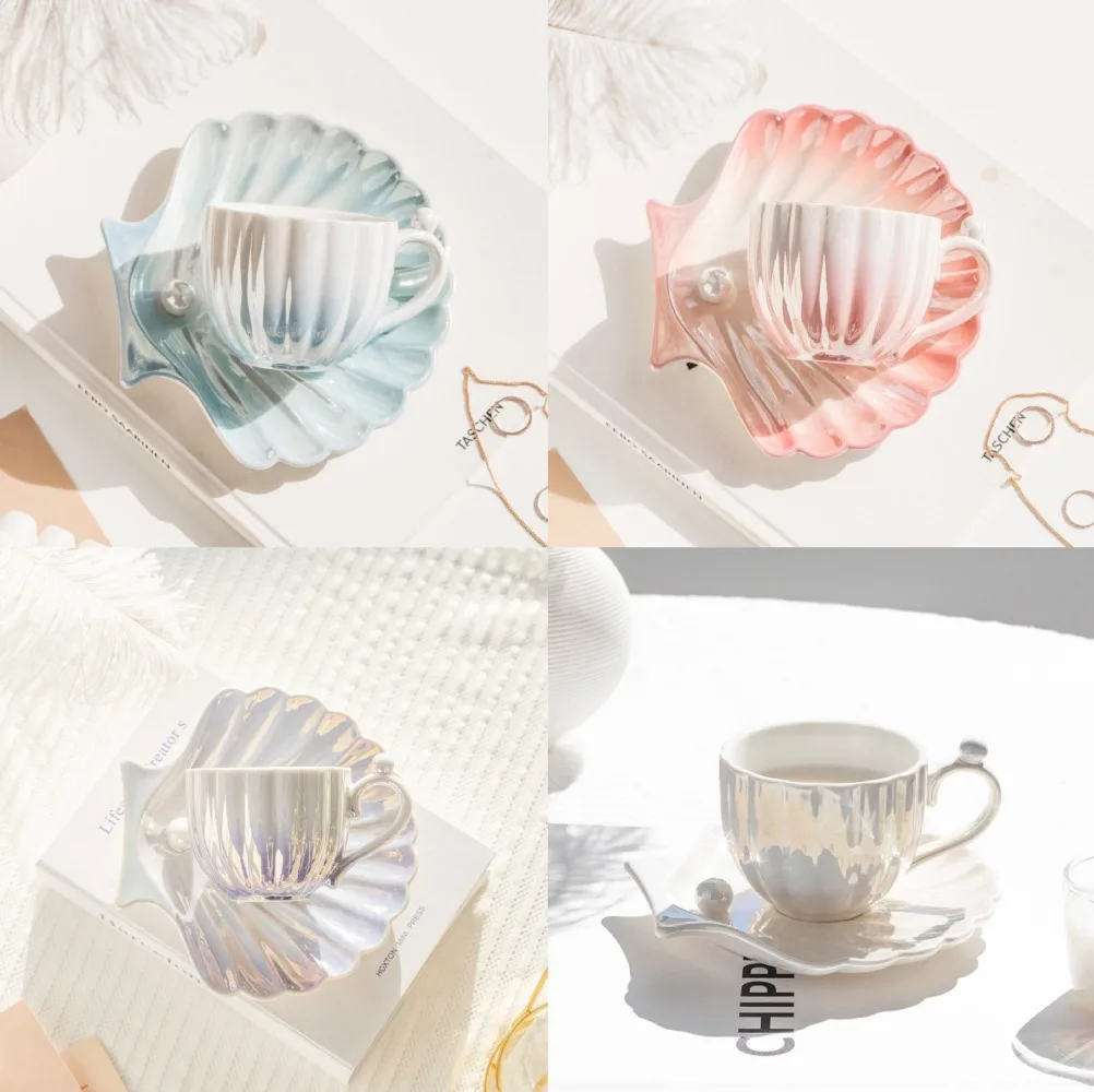 200-300ML Shell Shaped Coffee Cup Ins Milk Cup Afternoon Coffee Mug Tea Mug Premium and Exquisite Household Mugs and Plate Set