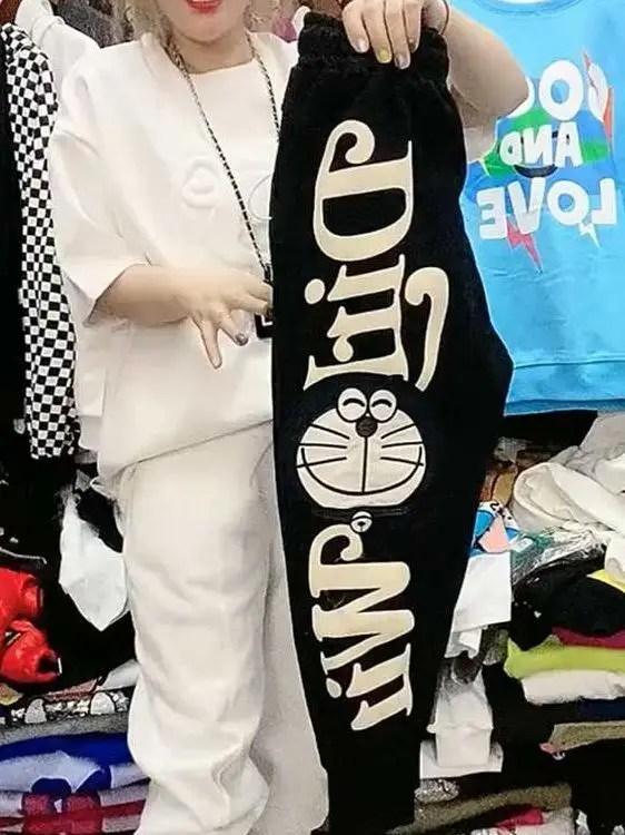 plus Size 300 Pou Hello Kit Blue Fat  Floing Print Casual Pants Cuffed Nine Point Sweatpants Women Fat MM