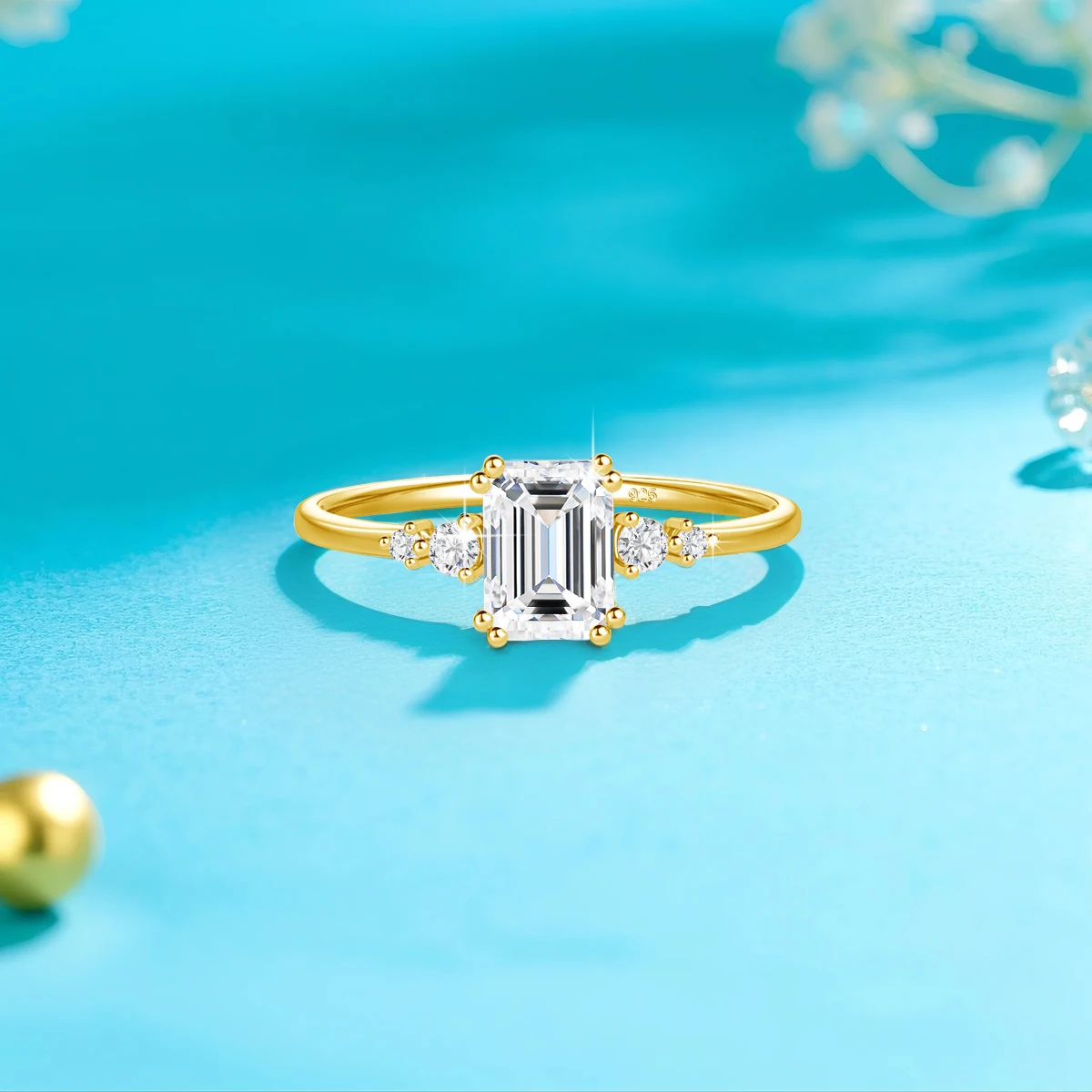 Reine 925 Sterling Silber Klassische Smaragdschliff Moissanit-Ringe für Frauen Fünf-Stein Hochzeits-Verlobungsring Edle Schmuckstücke – Detail 3