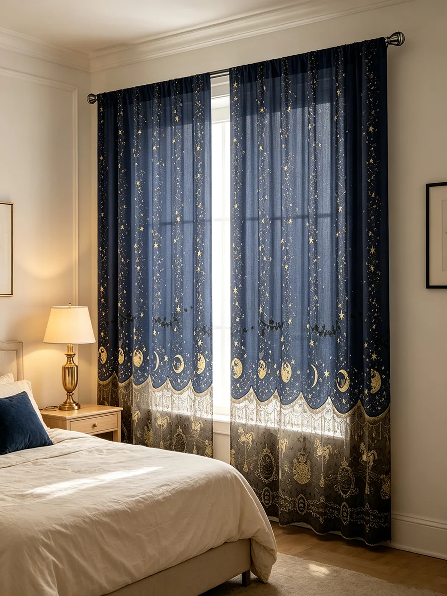 2PCS Digital Print Sheer Curtains Dark Blue Moon Star Lace Pattern A&B Sheer Fabric Living Room Window Curtains - view 3