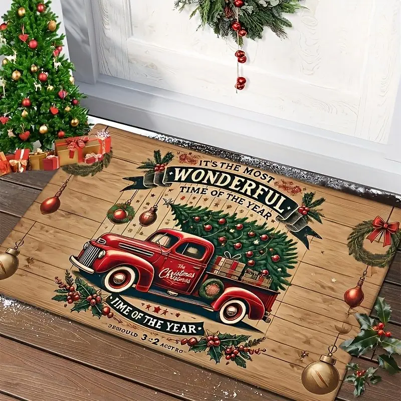 VIKAMA Vintage Red Truck Welcome Mat Indoor Outdoor Entrance Doormat Kitchen Bedroom Bathroom Entryway Rug Christmas Home Decor