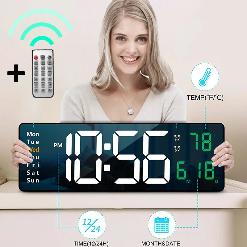 Wall-mounted Digital Wall Clock With Remote Control Large Wall Clocks Temp Date Week Display Power Off Dual Alarms Table Clock