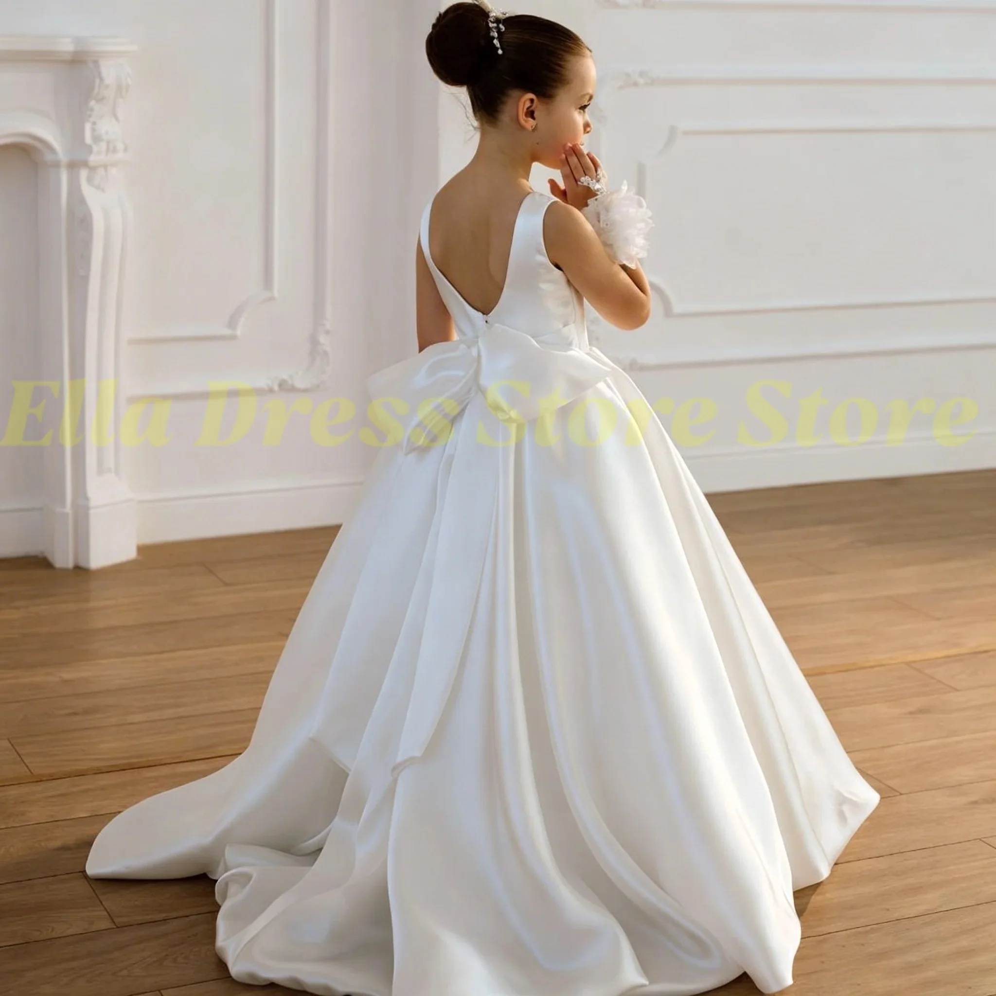 Satin-Kleider für die Erstkommunion für Kinder, ärmellos, mit Umhang, Blumenmädchenkleider mit Schleife für Hochzeit, Geburtstag, Veranstaltung, maßgeschneidert, Großhandel – Detail 5