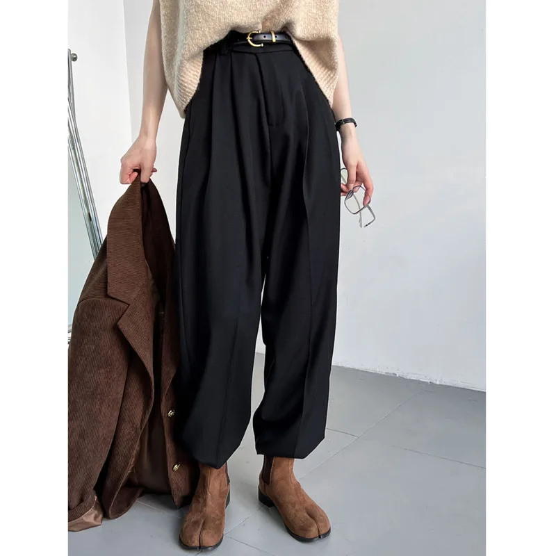 Spring Autumn Women Suit Pants High Waist Loose Cotton And Linen Straight Wide Leg Pants