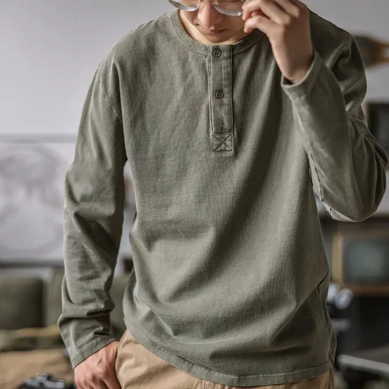 Man Base Layer 2025 Autumn New Retro Henley Shirt Men's Loose Fit Collared Long Sleeve Base