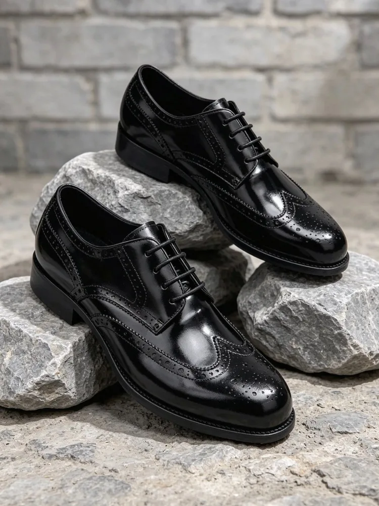 Handmade British Classic Black Brogues Horsehide Derby Shoes Lace Up Low Heel Men Office Wedding Formal Business Shoes