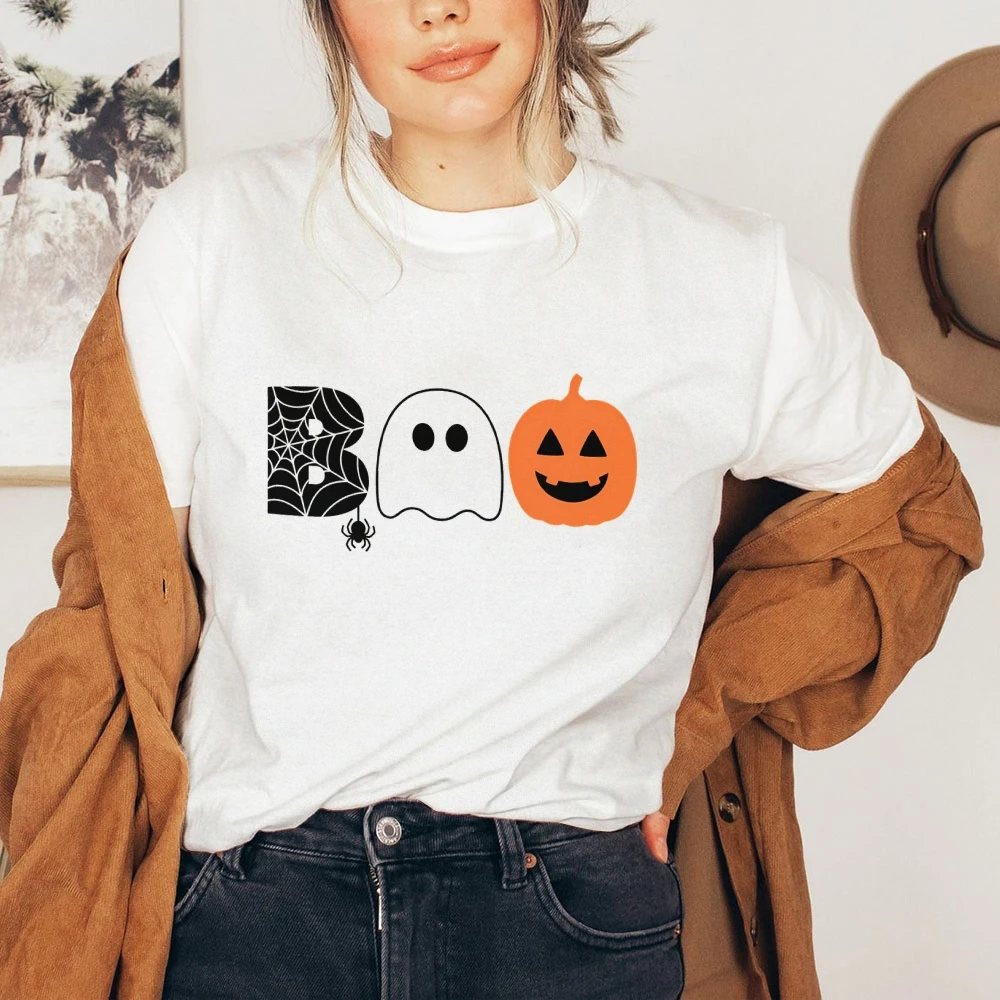 Halloween Boo Spider Pumpkin Retro Graphic Tee Outfit  x Spooky Season Women's Short Sleeve Tee Comfort Casual Women's t-Shirts