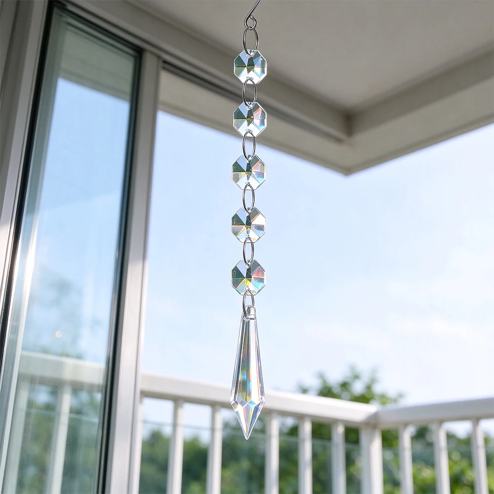 Clear Pointed Crystal Prism Suncatcher Octagonal Bead String Hanging Ornament Window Garden Light Catcher Rainbow Maker Decor