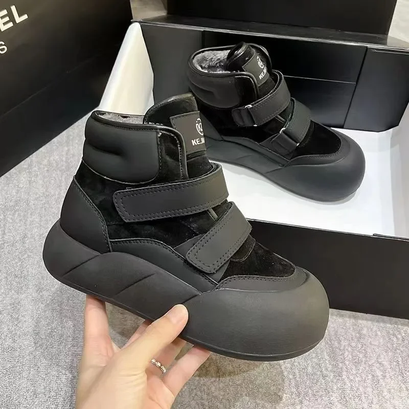 New 2023 Winter Novelty Thick Sole Short Boots High Top Fashion Women's Shoes Warm Velvet Cotton Black Botas Mujer