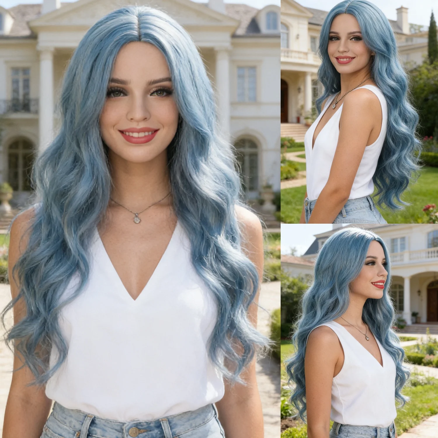 Middle Part Synthetic Hair Wigs For Women Wigs Cosplay Synthetic Korean Wig Long Blue Wig Wavy Party Halloween Pastel Ombre