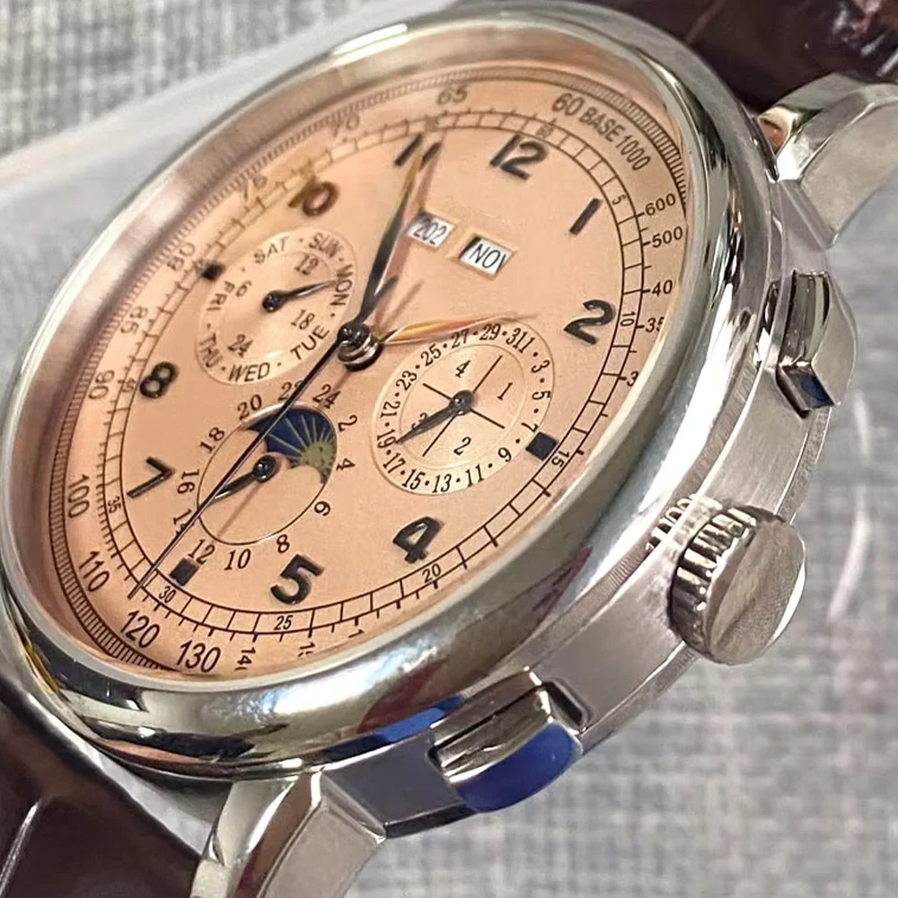 Men ST1655 Movement Moon Phase Automatic Watch Retro Pilot Chronograph Week Date Display Brown Leather Band Classic Dress Watch gallery 4
