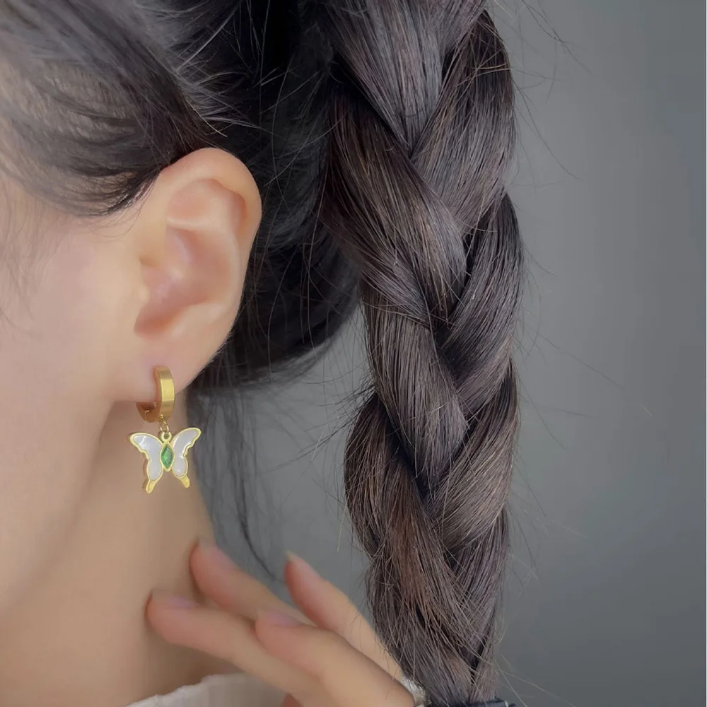 

Golden Shell Butterfly Earrings 18k Gold Plated Stainless Steel Emerald Earring Jewelry Accessories Wedding Gift for Girlfriend