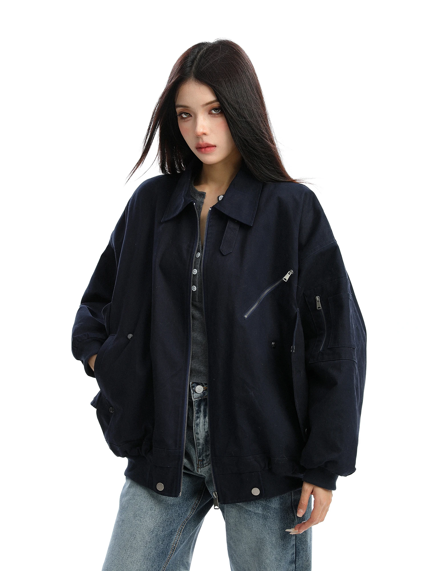 

Американский дизайн: Свободная женская хлопковая куртка с множеством молний, отложным воротником, наполнением из хлопка, в стиле рабочей одежды, модная верхняя одежда