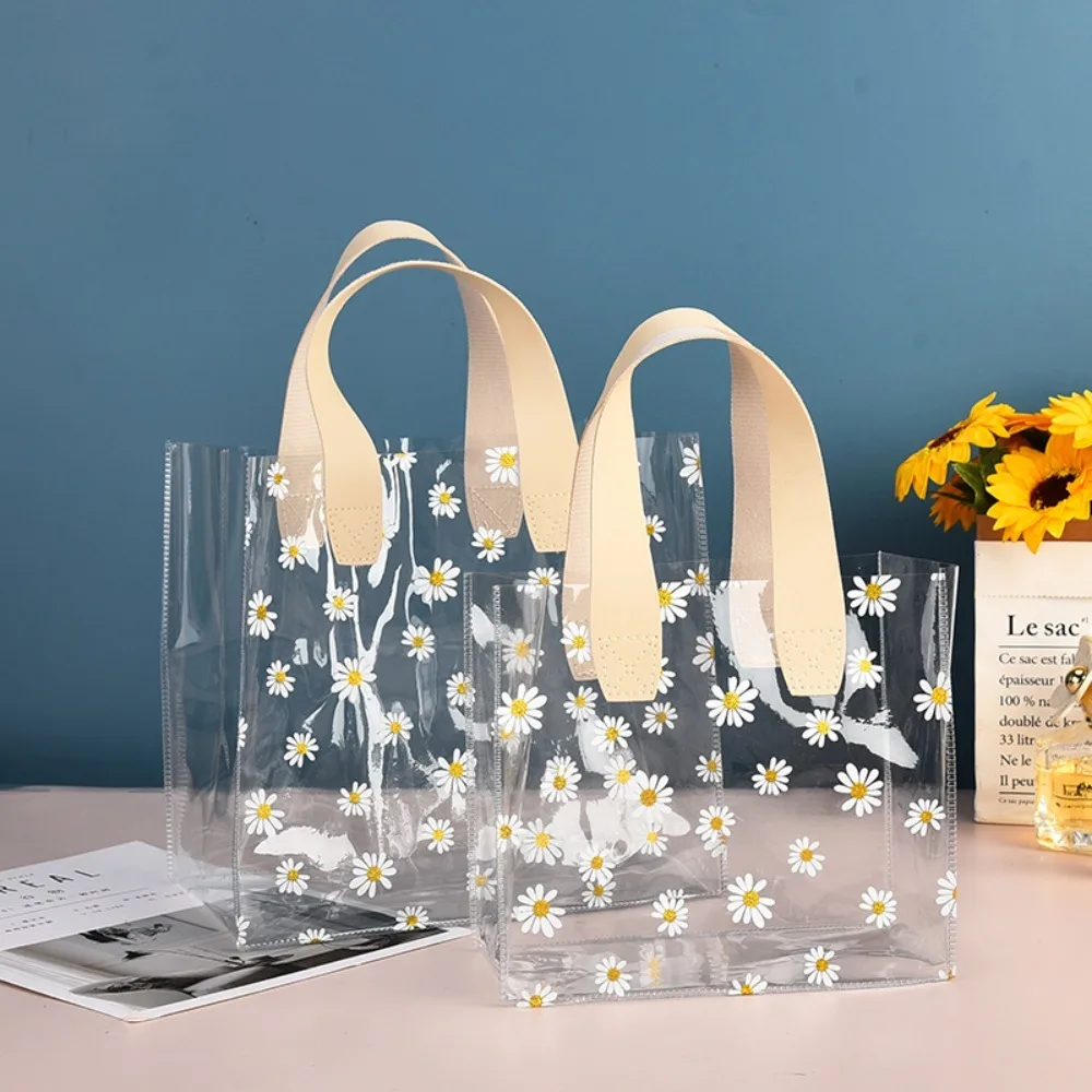 Practical PVC Clear Tote Bag Transparent Handle Waterproof Storage Bag Little Daisy Hand Gift Bag