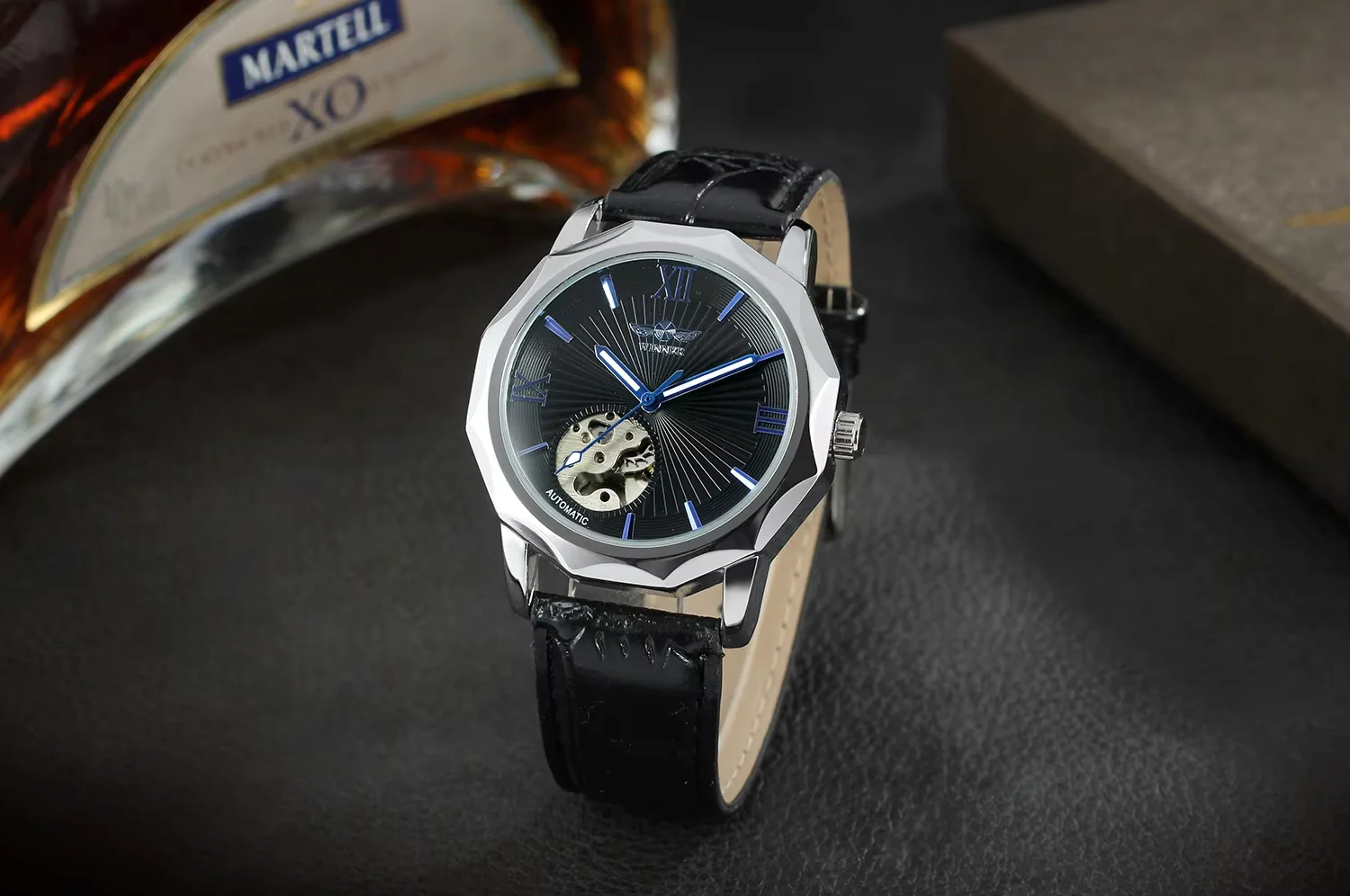 T-winner Mechanical Watch Circular hollow-out Blue hand Mechanical Watch Black belt Wrist Watch Men's Watch Black white Watch