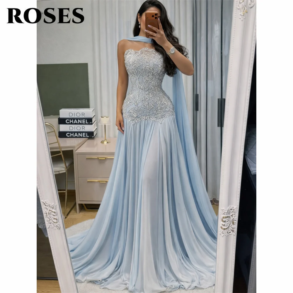 

ROSES Light Blue Prom Dresses Strapless Draped Neck Scarf Celebrity Dresses A Line Women's Evening Dresses for Gala Customized