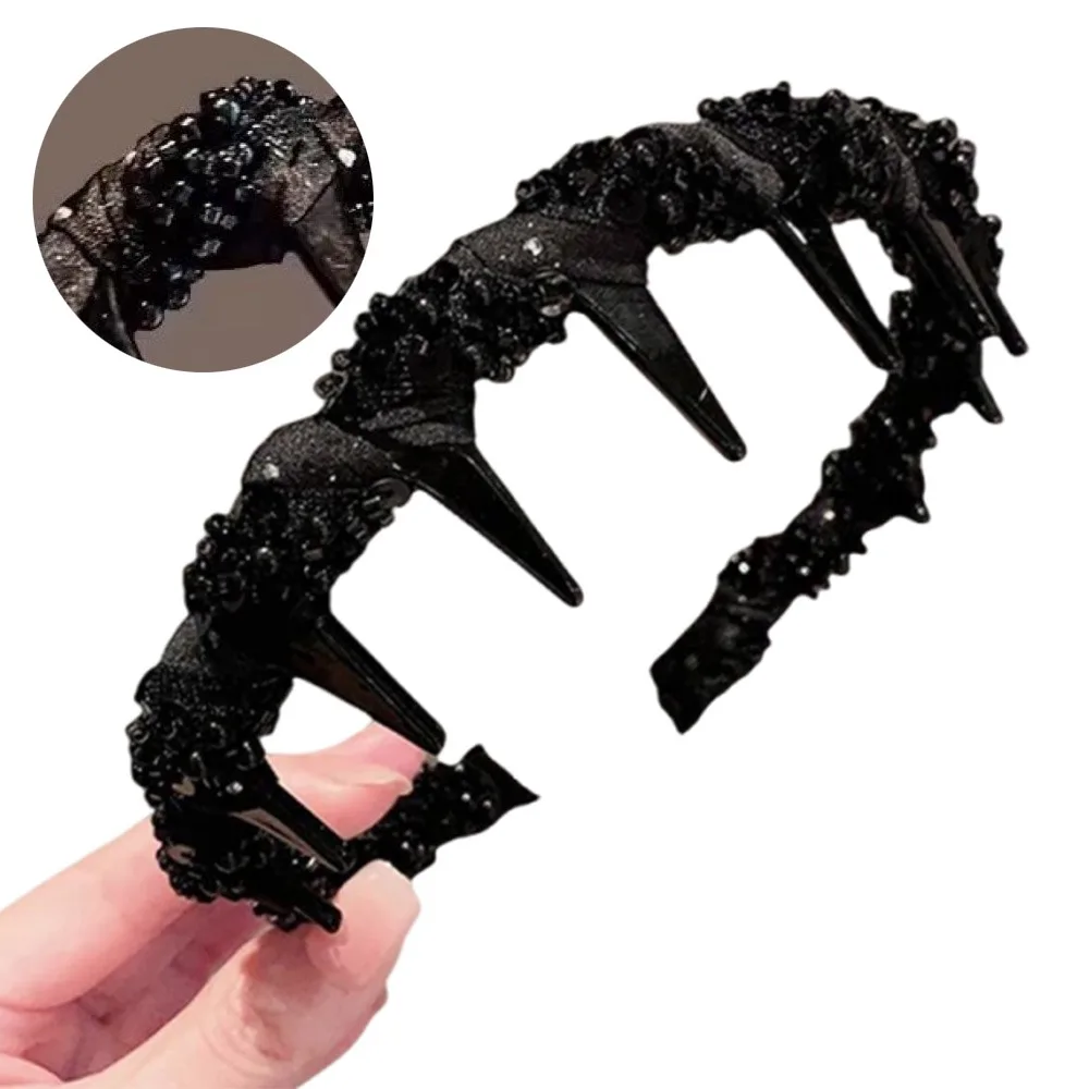 

Toothed Wave Headband with Beaded Korean Style Headwear High Cranial Top Headband Fluffy Elegant Face Wash Hairband