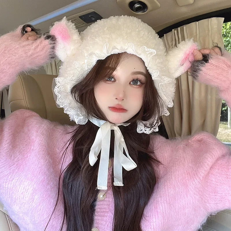 Lolita Lamb Fleece Hats Fluffy Costume Accessories Chrismas Warm Soft Lovely Lamb Cosplay Bucket Hat Cute Little Sheep Ear Caps