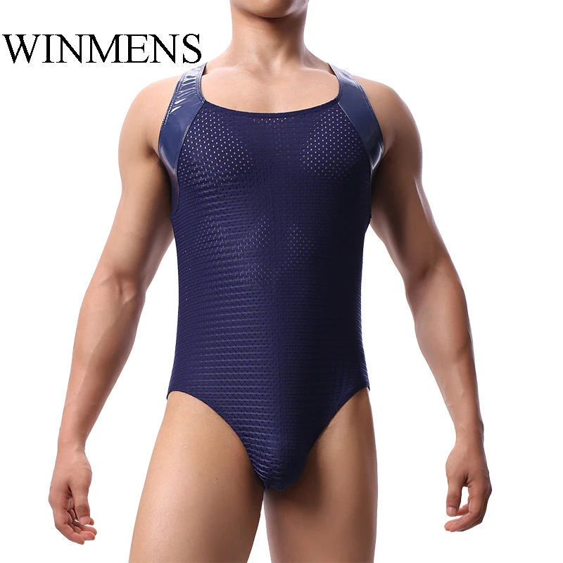 Solid Breathable Mesh Men\'s Sports Triangle Jumpsuit Sleeveless Male One Piece Pajama Fishnet Onesie Sleepwear Summer Bodysuit