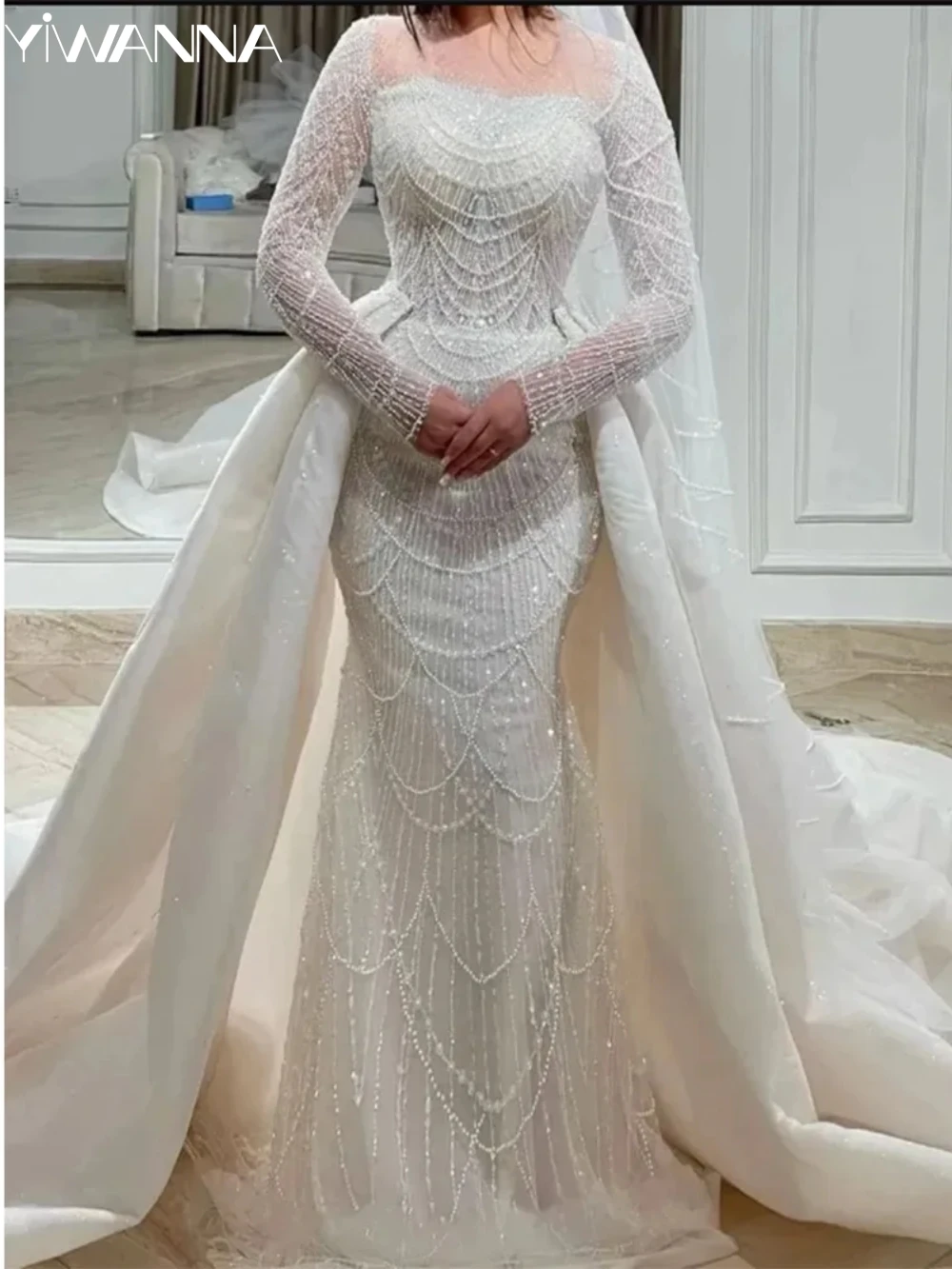 

Exquisite Detachable Train Bride Robe Hand-made Pearls Beads Bridal Dress O-neck Long Sleeves Wedding Gown Vestido De Novia