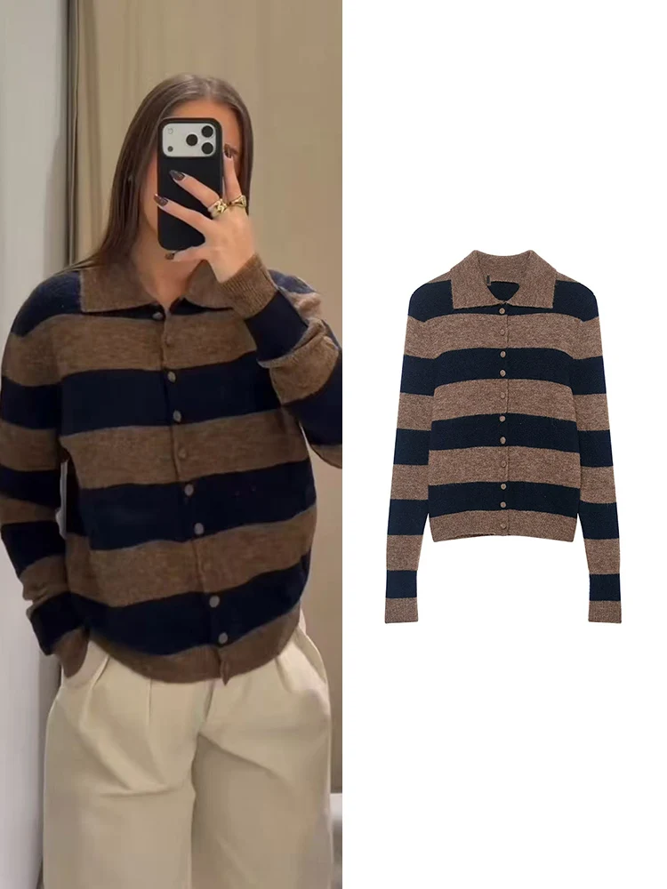 

TFMLN Turn Down Collar Knit Cardigan For Woman Single Breasted Long Sleeve Striped Cardigans New Autumn Winter Lady Knit Coat