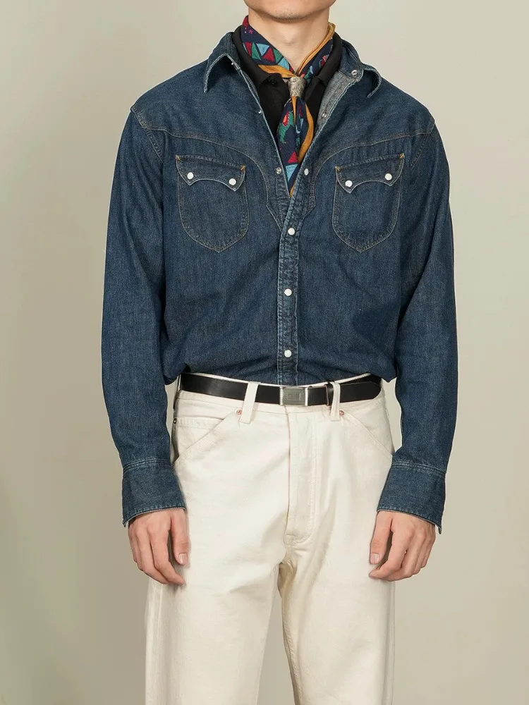 American Vintage Pearl Snap Western Shirt - Soft Washed Raw Denim 100% Cotton Chambray Work Shirt with Texture Detail OKONKWO