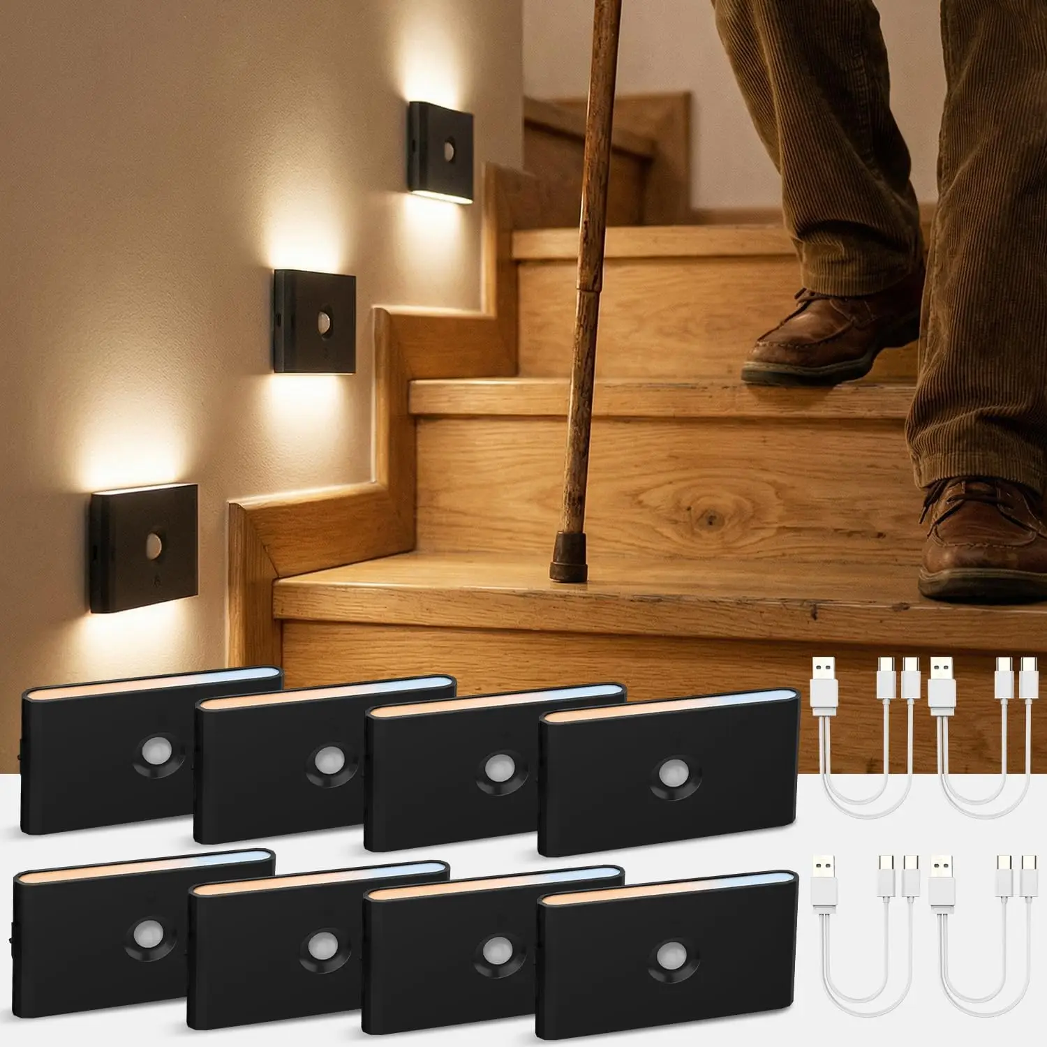 

Rechargeable Motion Sensor Stair Lights, Dimmable with Magnetic Mount for Indoor Use (8 Packs)