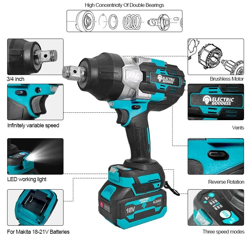 EGOD 2200N.M 전기 브러시리스 임팩트 렌치, 무선 3 인치, 4 인치, 3 기어 속도 조절 가능, 자동차 수리 타이어, 마키타 18V