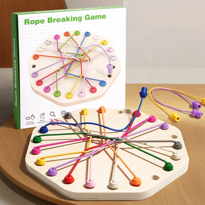 Wooden Rope Breaking Game, Strategic Puzzle Toy, Logic & Problem-Solving Challenge with Mixed Colored Ropes, Fun Desktop Game