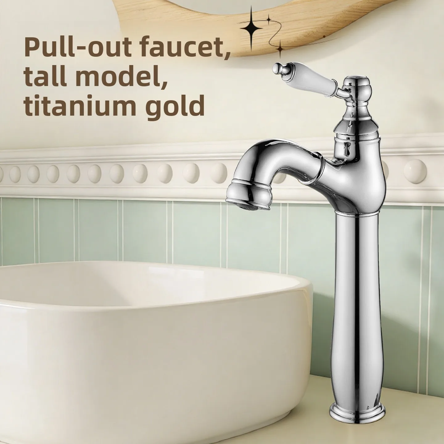 French retro pull-out faucet brass basin hand washing faucet bathroom gold ceramic handle hot and cold water head