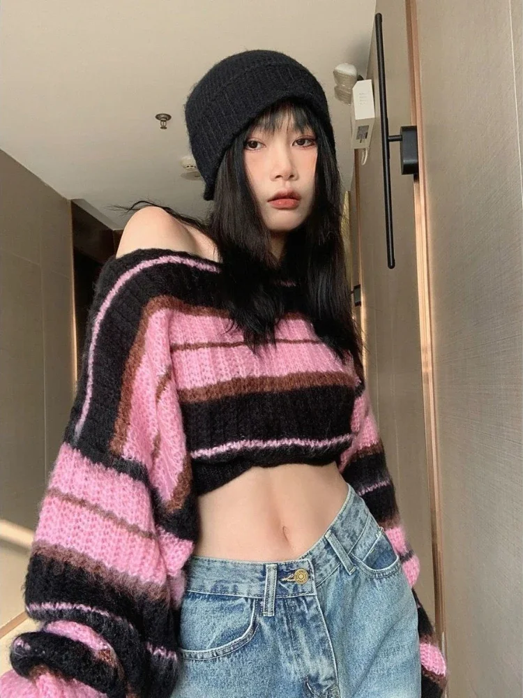 

Pullovers Women Harajuku Gothic Knit Vintage Striped Fashion Soft Punk Style Casual Sweater Y2k Crops Design Feminine Streetwear