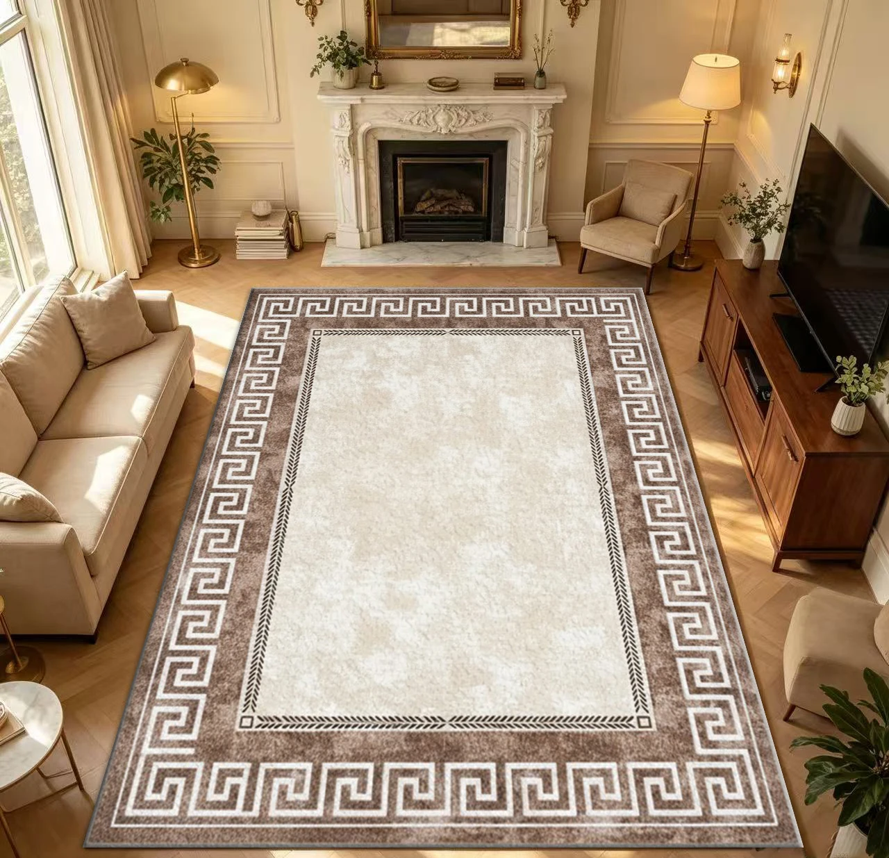 Modern Greek Key Border Area Rug Beige Brown Vintage Distressed Frame Floor Carpet for Living Room Bedroom Office Home Decoration