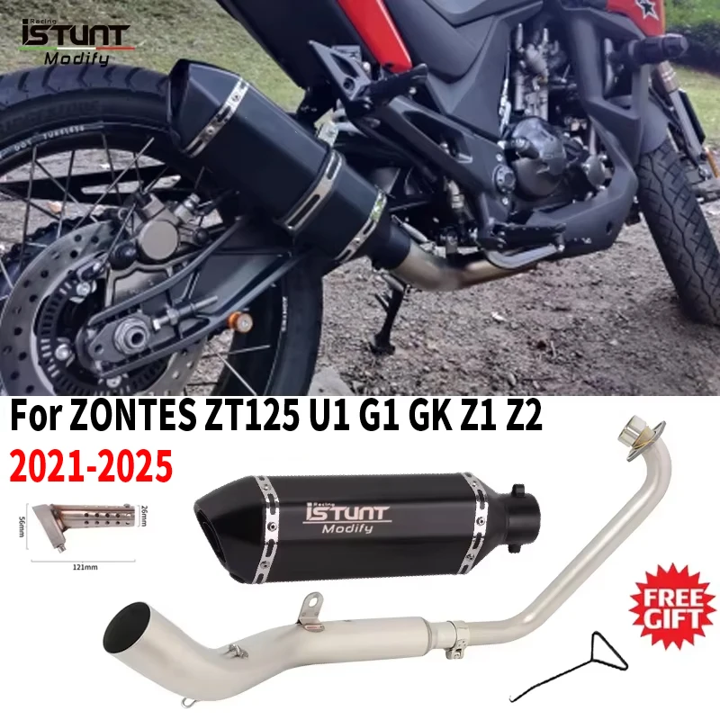 Sistema de Escape Completo Slip-On para ZONTES ZT125 U1 G1 GK Z1 Z2 2021 - 2025, Tubo de Ligação Frontal, Sem Sensor O2, Silenciador de Moto