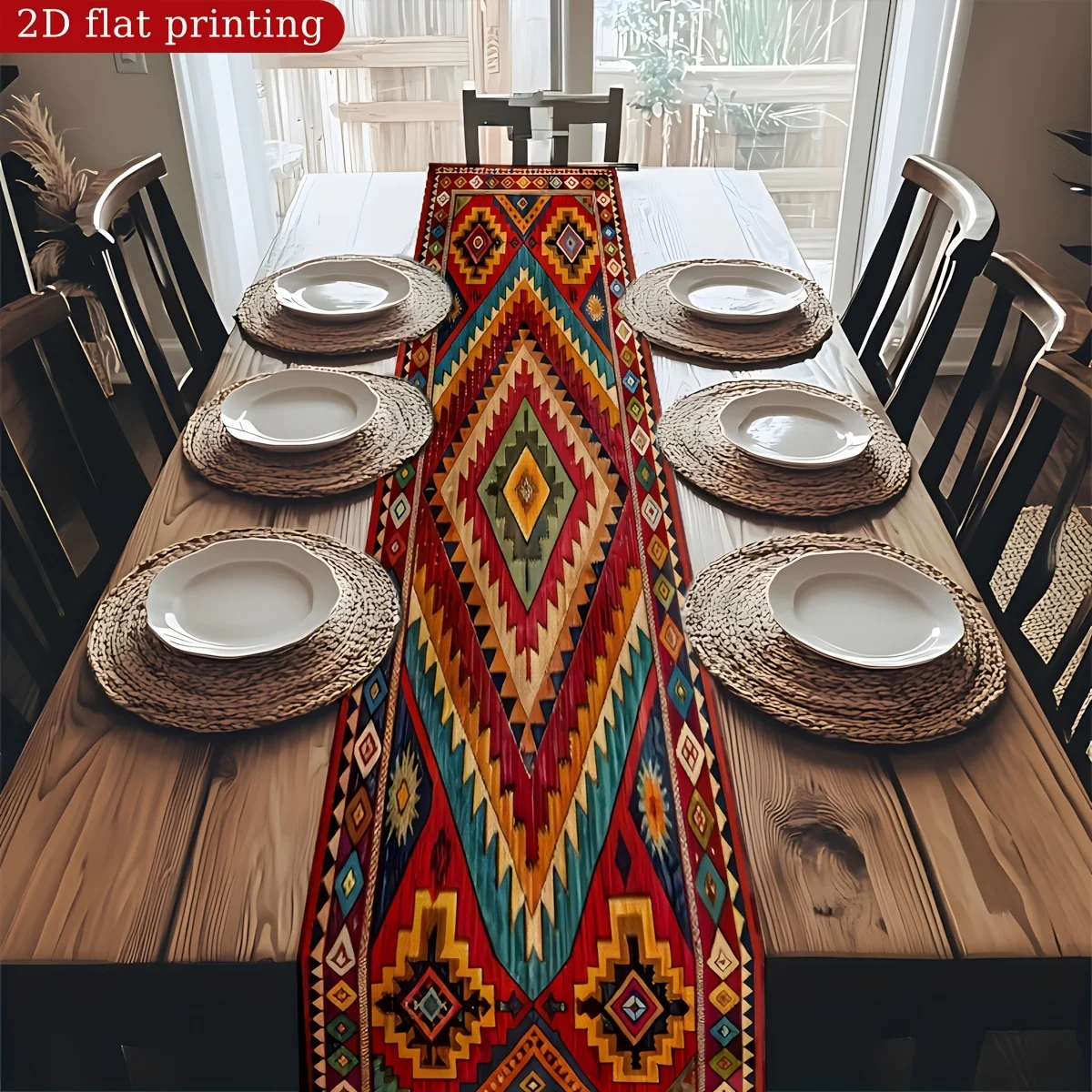 1pc Colorful Geometric Tribal Style Printed Table Runner, 2D Flat Printing Polyester Table Runner, Suitable for Ethnic Theme Par