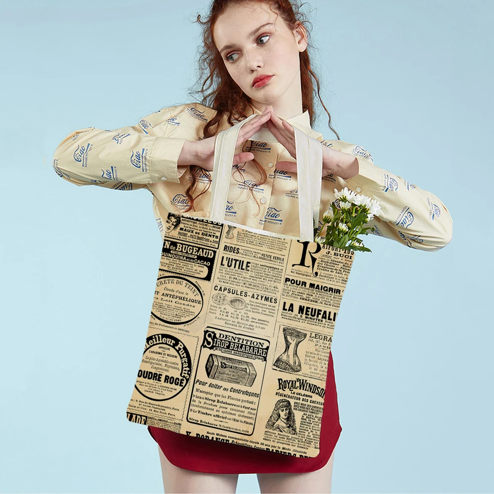 Vintage Newspaper Travel Women Shoulder Bags Folding Canvas Cartoon Lady Handbags Both Printed Girl Tote Shopping Bag