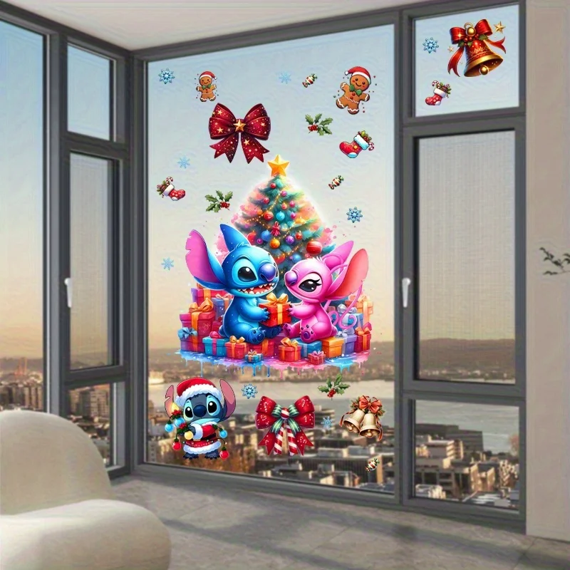 مجموعة واحدة من ملصقات Lilo & Stitch لعيد الميلاد، ديكور منزلي، عمل فني لعيد الميلاد من Disney، مناسبة لتزيين الأماكن الداخلية والنافذة والشرفة والمرآة #6