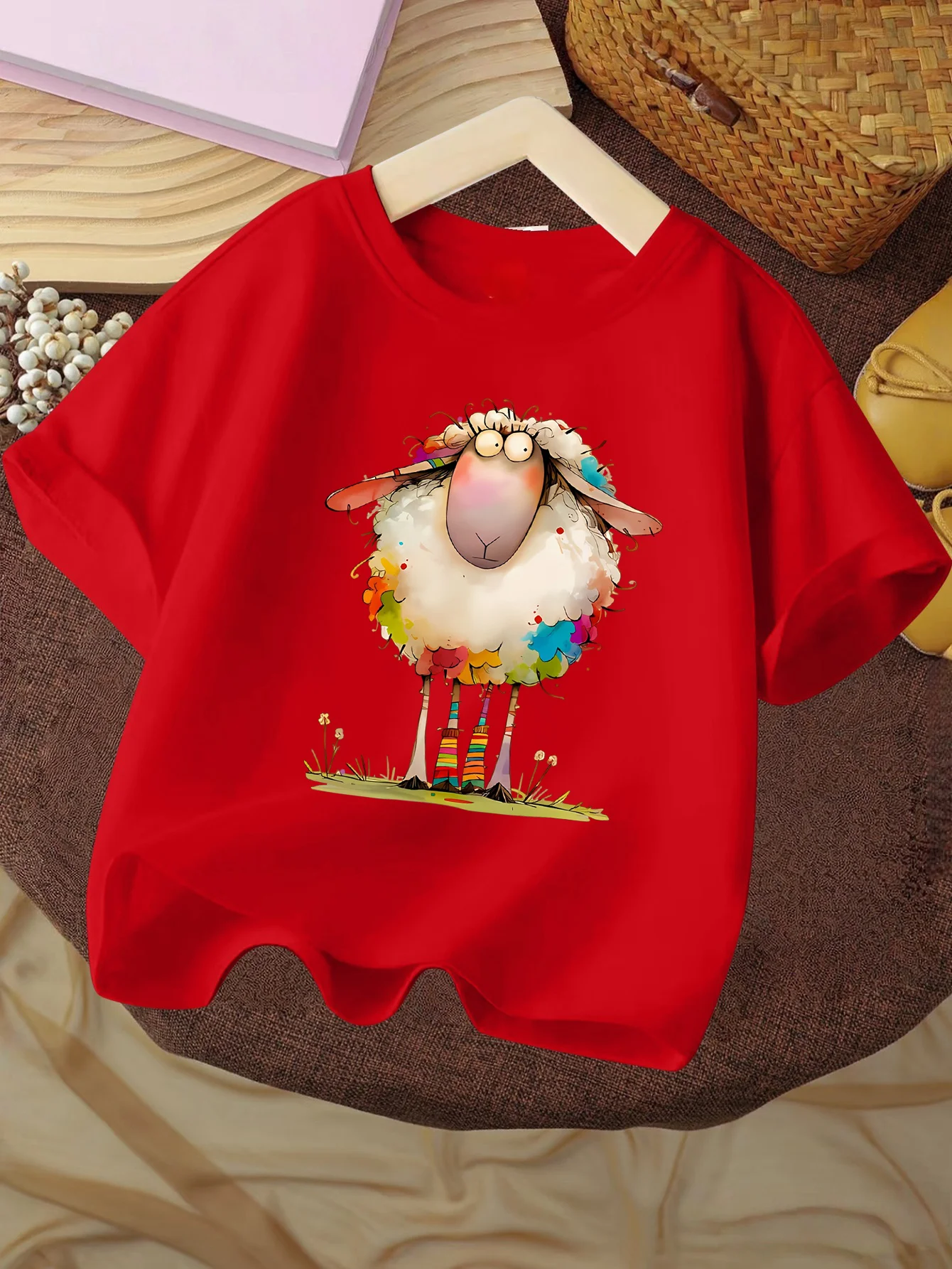 Colorful Cute Cartoon Sheep Watercolor Animal Graphic Print T Shirt Family Matching Boys Girls Kids Casual Short Sleeve Tops