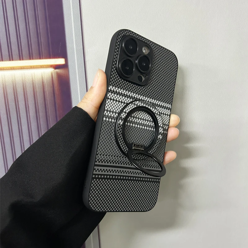 카본 파이버 마그네틱 홀더 스탠드 비즈니스 폰 케이스 (비보 y35 y20 y33s y27 y10 y12s용) 케블라 텍스처드 맥세이프 폰 케이스