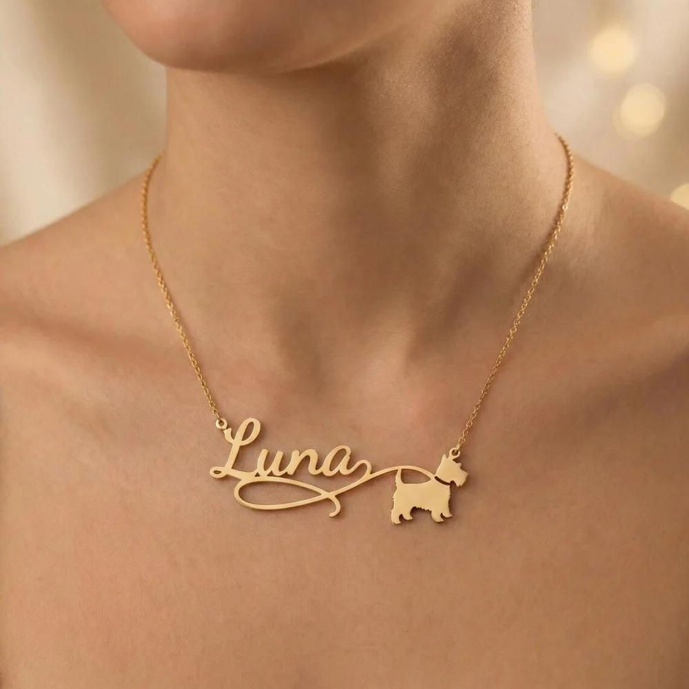 Custom Name Walking the Dog Necklaces Personalized Cute Dog Nameplate Necklaces Stainless Steel Jewelry Gift for Dog Lover